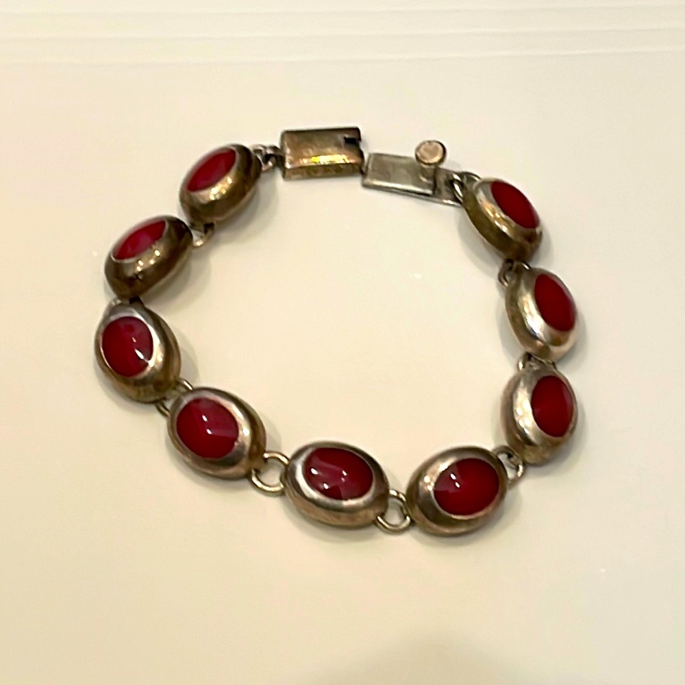 Vintage Taxco Mexican Silver and Red Jasper Link Bracelet